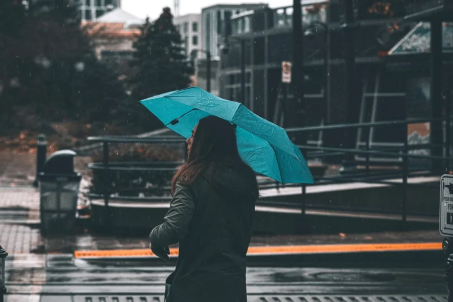 Bright raincoat woman city rain