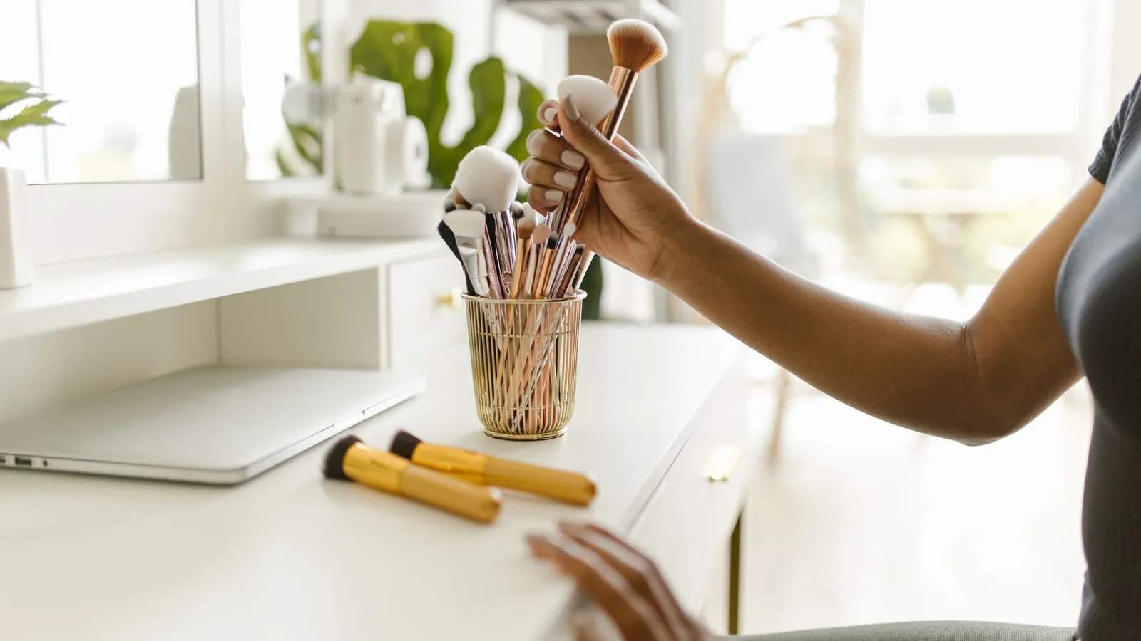 Makeup brushes beauty desk