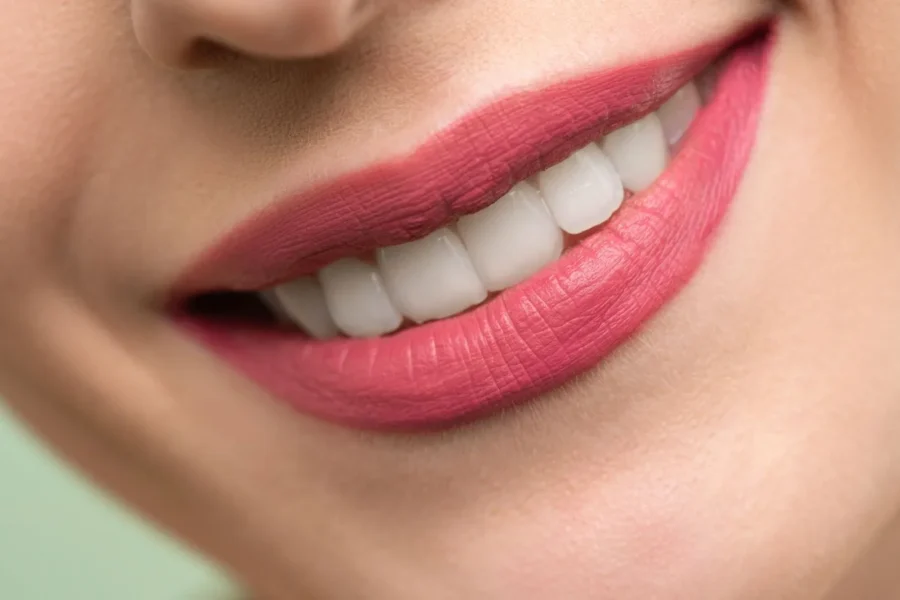 Smiling woman bright lipstick colourful