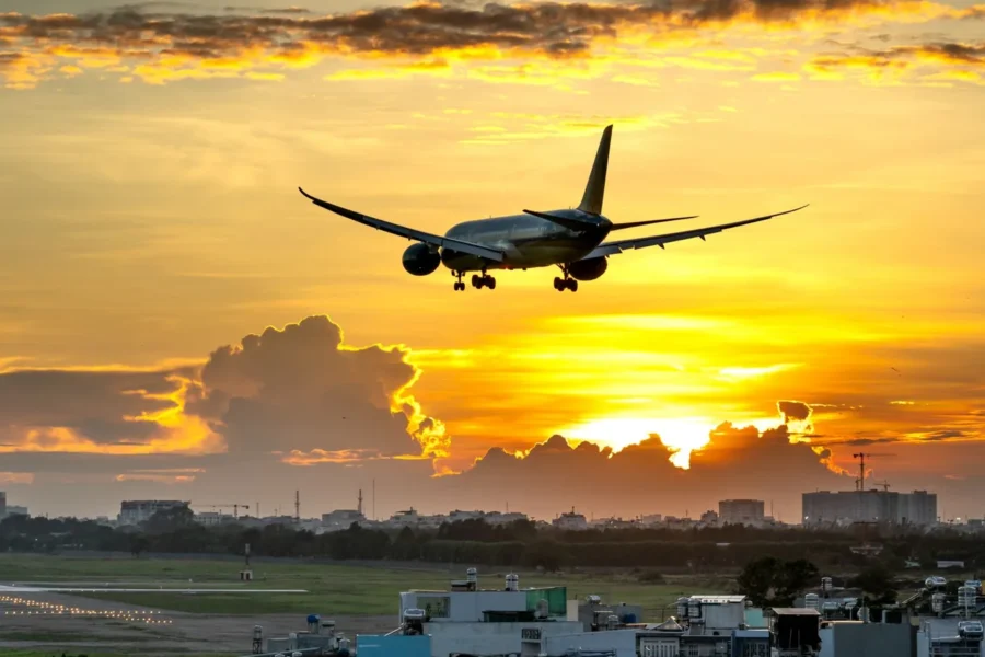 Happy traveller airport sunrise