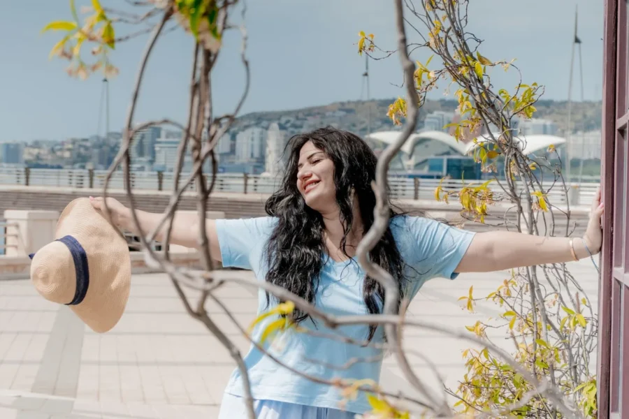 Happy solo woman city travel colourful