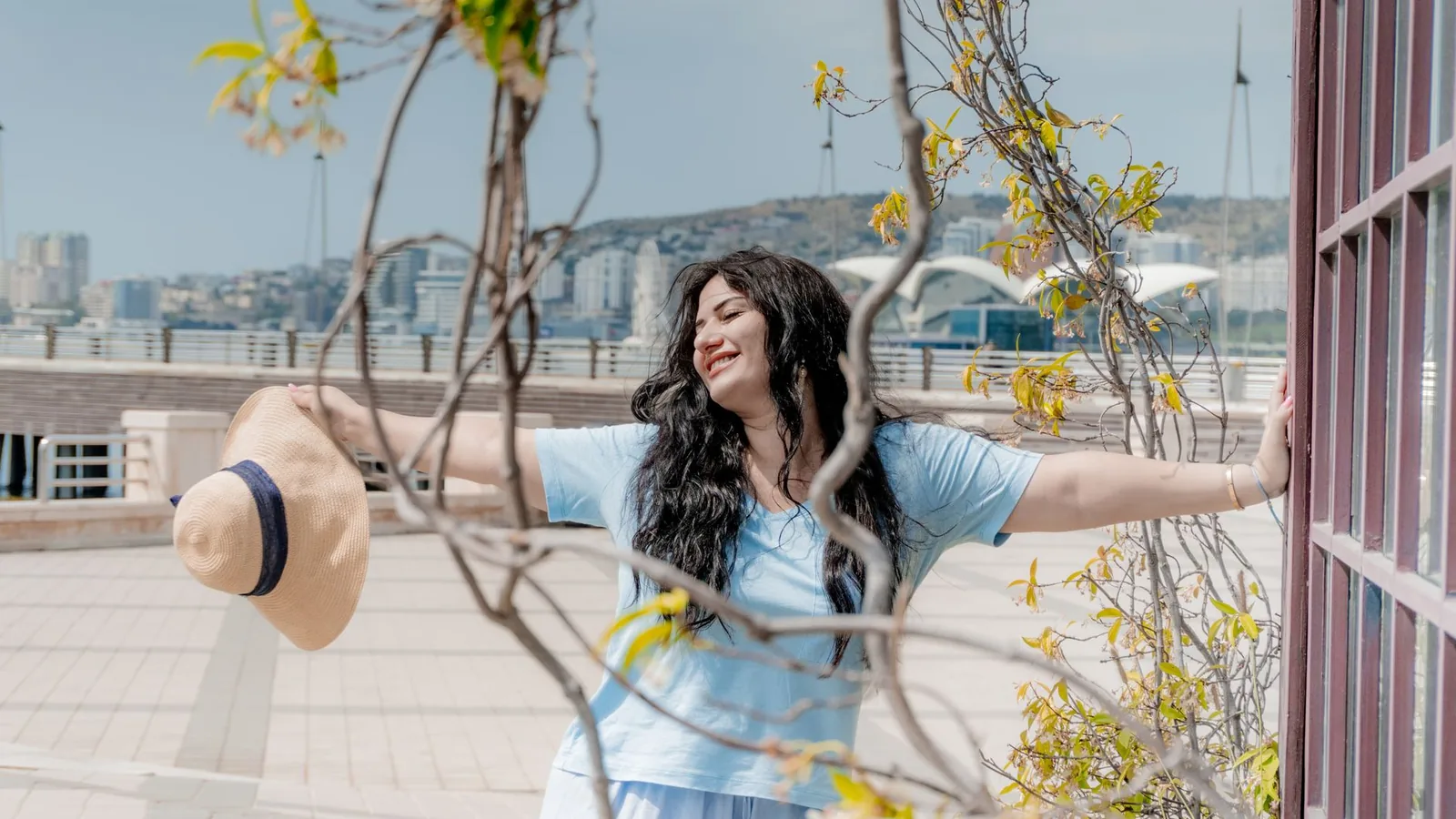Happy solo woman city travel colourful