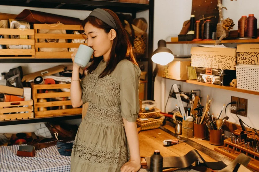 Happy woman organising home