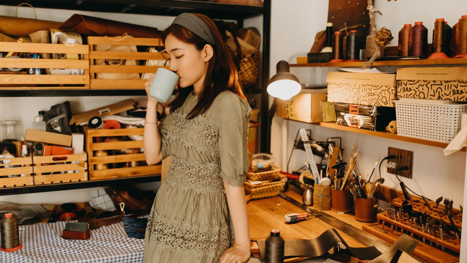 Happy woman organising home